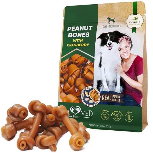 Dog Peanut Butter Bones with Cranberry – Rawhide Free Chew Treats, Natural Organic Snacks, Healthy Collagen, Best Chews for Small & Large Dogs