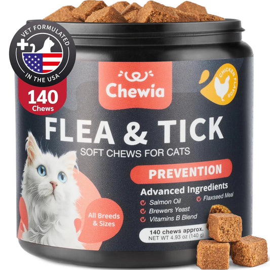 Flea Treatment for Cats – Daily Chewable Flea & Tick Supplement, Natural Chicken Flavor Soft Treats for All Breeds & Ages