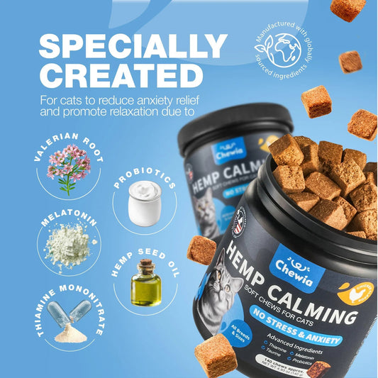 Cat Calming Treats – Hemp & Melatonin Soft Chews with Hemp Seed Oil and Probiotics, Anxiety Relief for Storms, Travel, Grooming & Separation