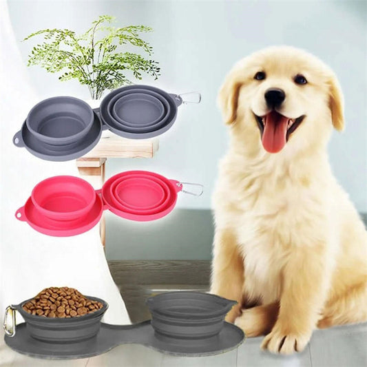 Rubber Foldable Double Pet Bowl – Portable Feeding Bowls for Dogs & Cats