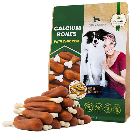 Dog Calcium Bones Wrapped with Chicken – Rawhide Free Chew Treats, Healthy Grain Free Organic Meat Snacks for Training Small & Large Dogs