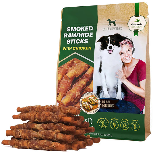 Dog Smoked Rawhide Sticks Wrapped with Chicken – Natural Chew Treats, Grain Free Organic Meat, Healthy Human Grade Dried Snacks